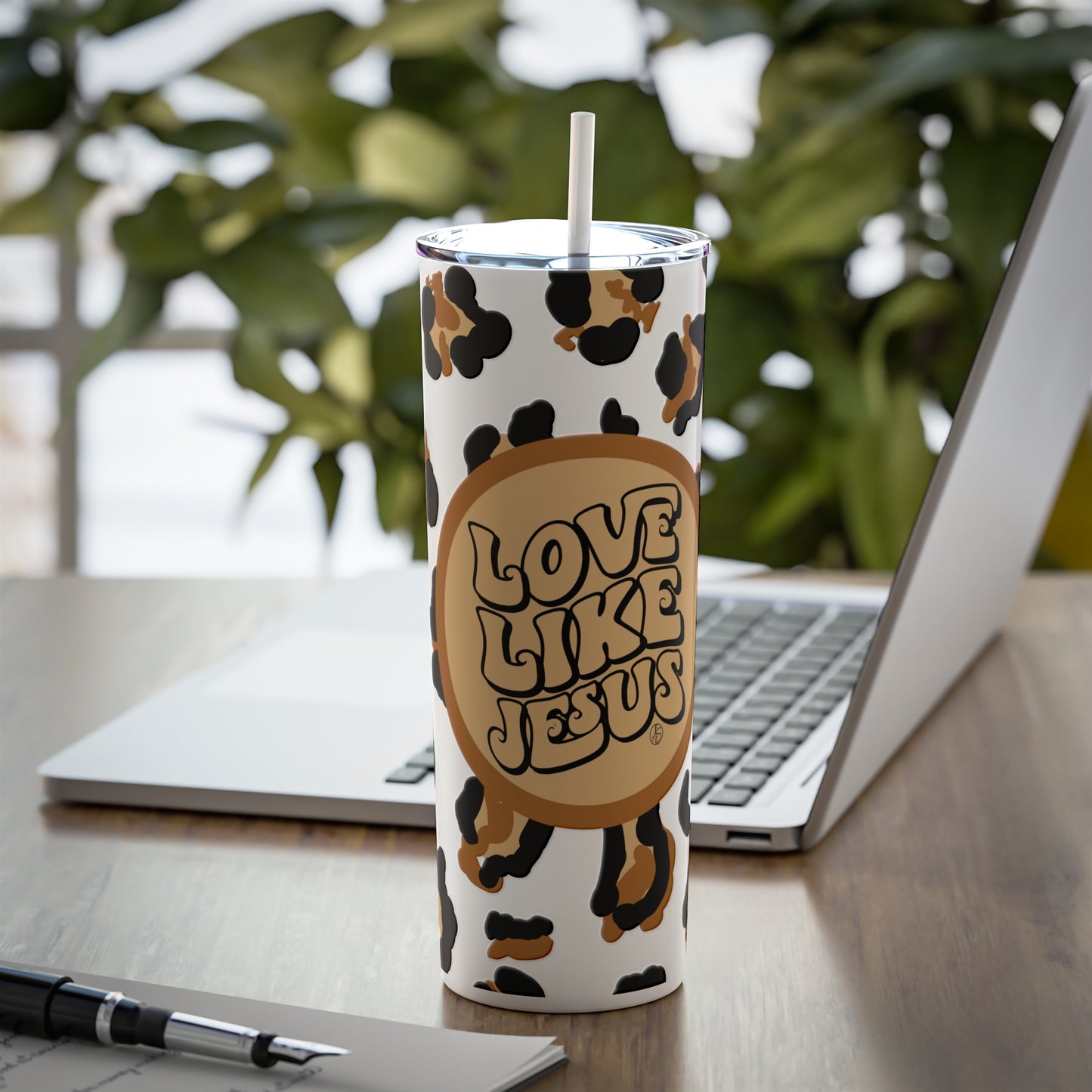 Love Like Jesus Leopard Skinny Steel Tumbler with Straw, 20oz