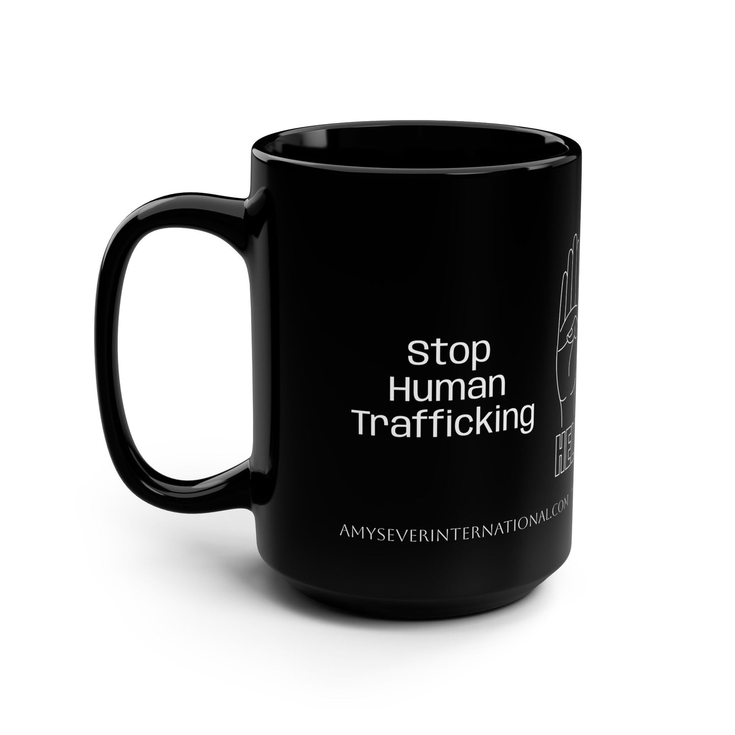 Human Trafficking Hand Sign Black Mug, 15oz
