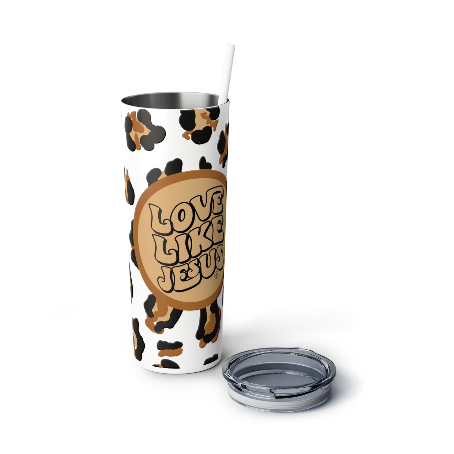 Love Like Jesus Leopard Skinny Steel Tumbler with Straw, 20oz
