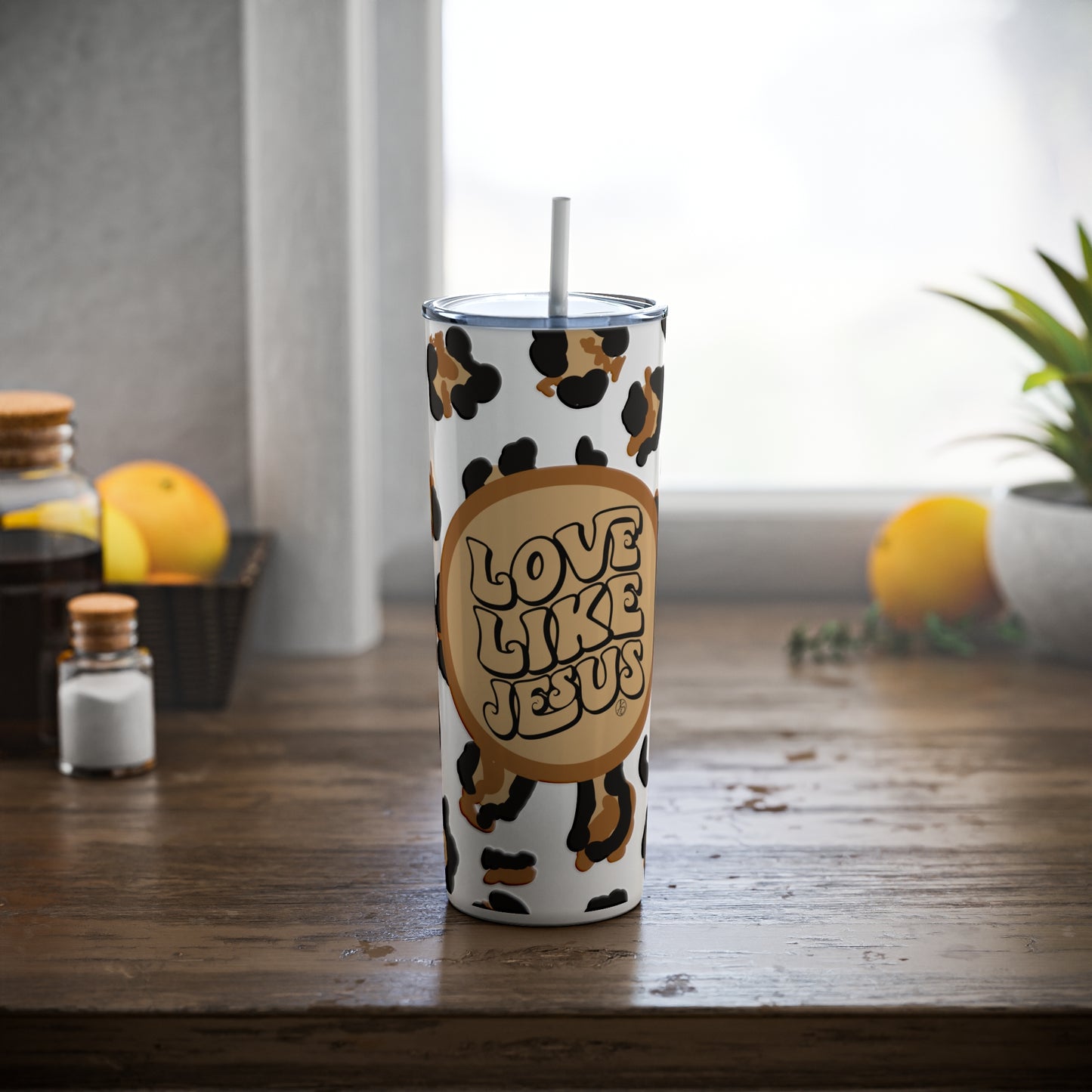 Love Like Jesus Leopard Skinny Steel Tumbler with Straw, 20oz